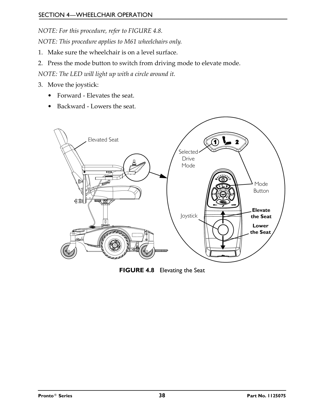 Invacare M61, M50, M51 service manual Elevating the Seat 