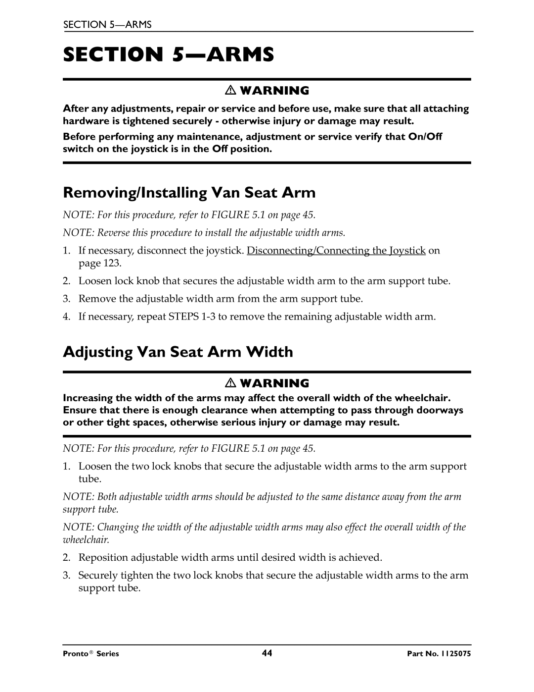 Invacare M61, M50, M51 service manual Arms, Removing/Installing Van Seat Arm, Adjusting Van Seat Arm Width 