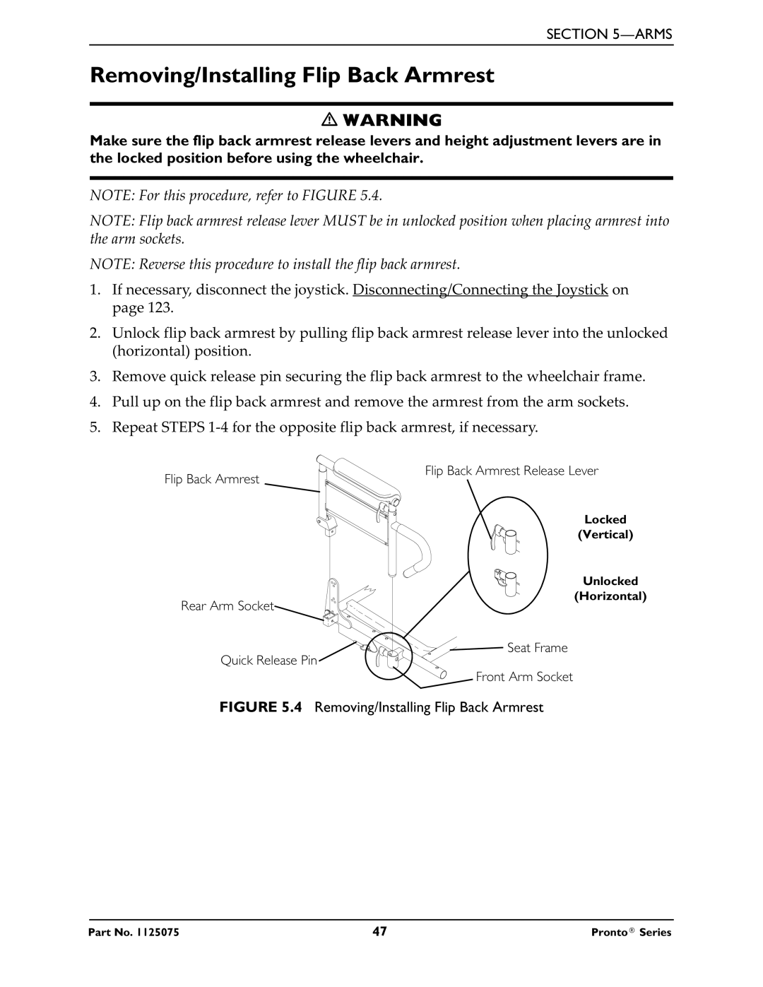 Invacare M61, M50, M51 service manual Removing/Installing Flip Back Armrest 