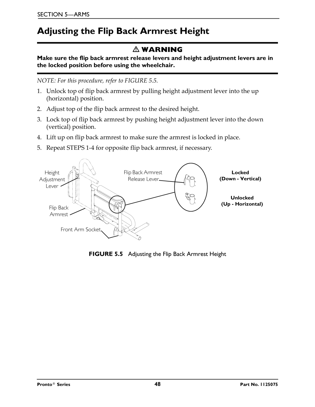 Invacare M50, M51, M61 service manual Adjusting the Flip Back Armrest Height 