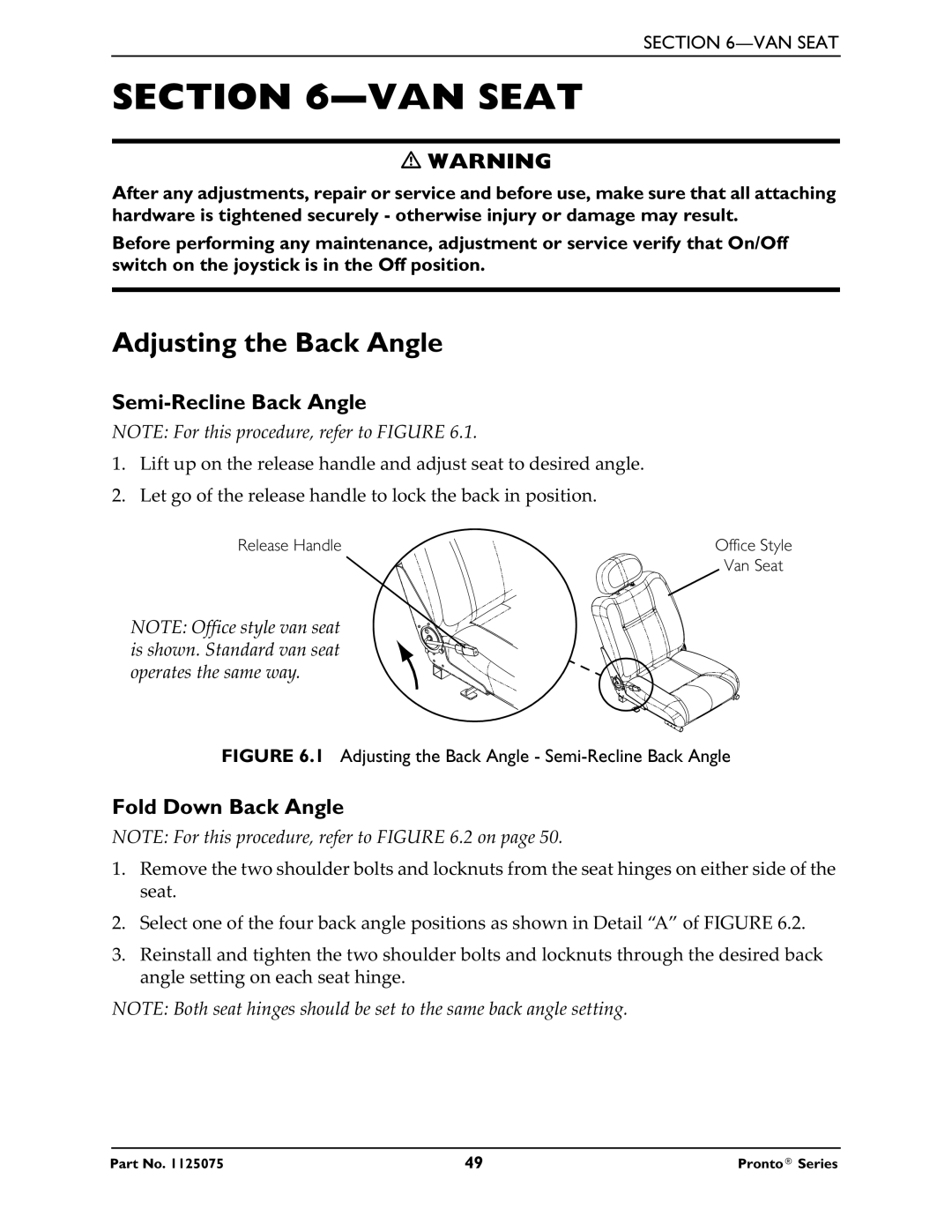 Invacare M51, M50, M61 service manual VAN Seat, Adjusting the Back Angle, Semi-Recline Back Angle, Fold Down Back Angle 