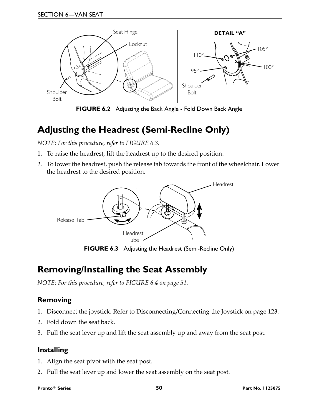 Invacare M61, M50, M51 service manual Adjusting the Headrest Semi-Recline Only, Removing/Installing the Seat Assembly 