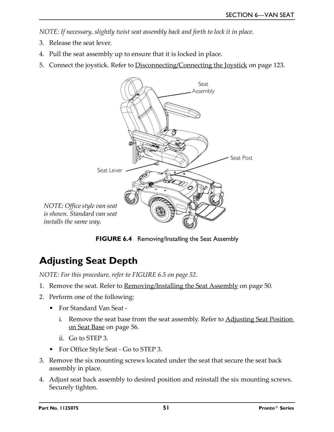 Invacare M50, M51, M61 service manual Adjusting Seat Depth, Removing/Installing the Seat Assembly 