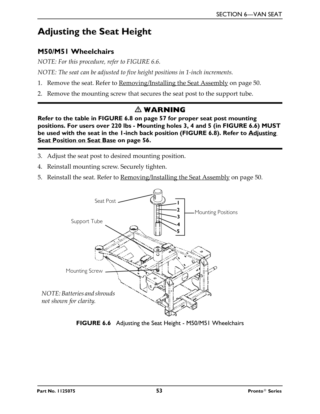 Invacare M61 service manual Adjusting the Seat Height, M50/M51 Wheelchairs 