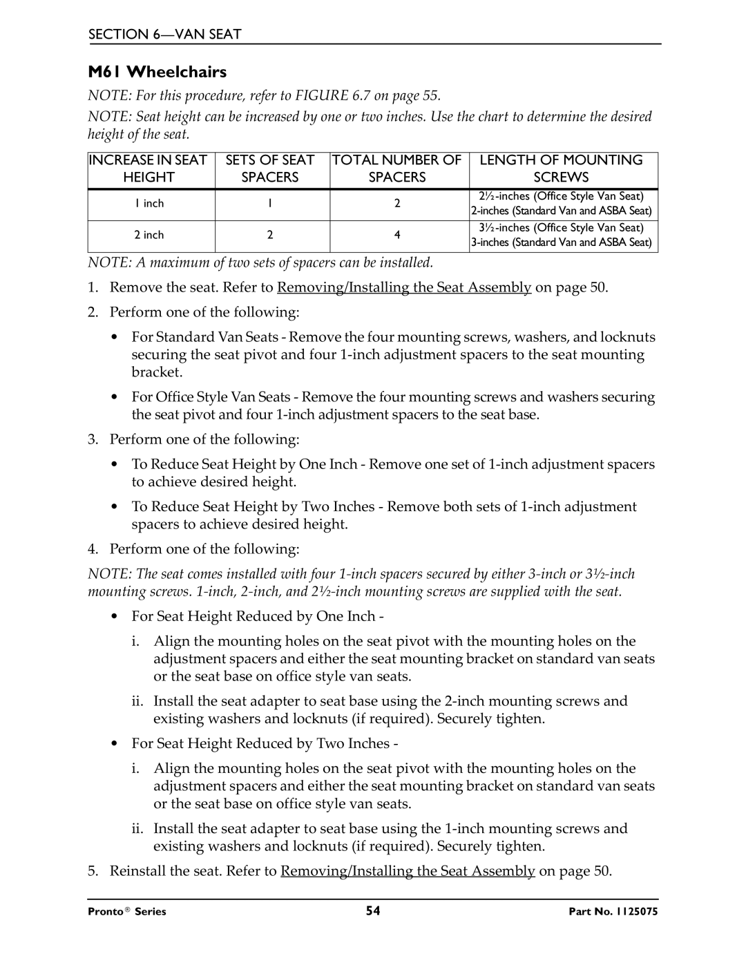 Invacare M50, M51 service manual M61 Wheelchairs, Sets of Seat Total Number Length of Mounting 