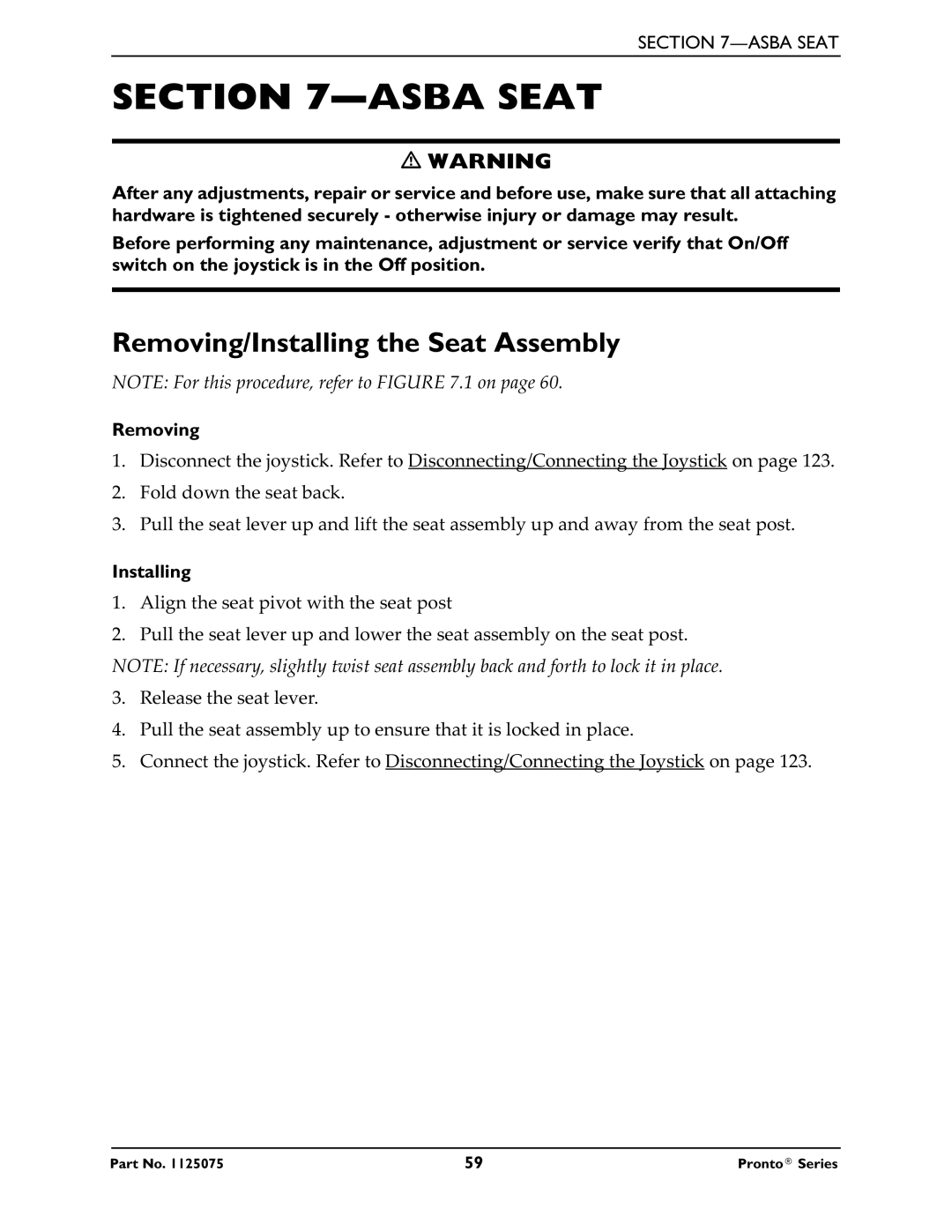 Invacare M61, M50, M51 service manual Asba Seat 