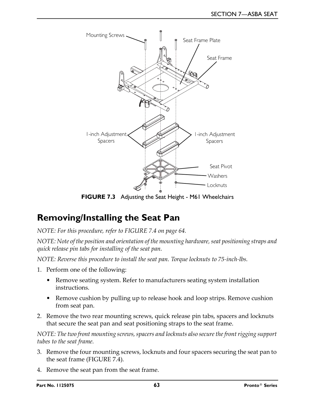 Invacare M50, M51 service manual Removing/Installing the Seat Pan, Adjusting the Seat Height M61 Wheelchairs 