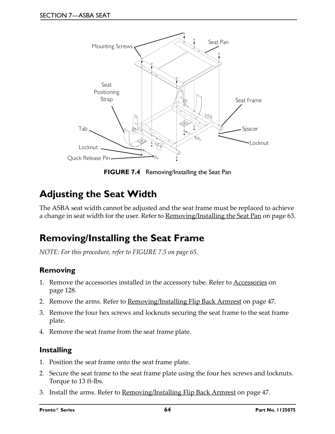 Invacare M51, M50, M61 service manual Adjusting the Seat Width, Removing/Installing the Seat Frame 