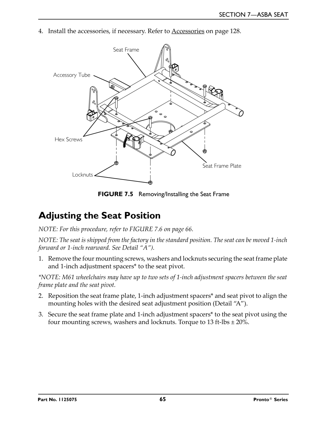 Invacare M61, M50, M51 service manual Adjusting the Seat Position, Removing/Installing the Seat Frame 