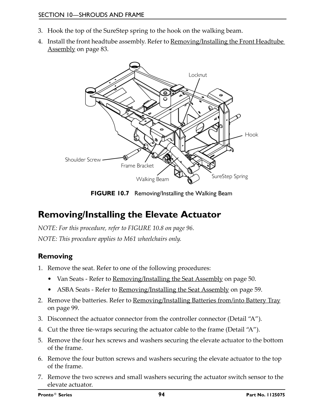 Invacare M51, M50, M61 service manual Removing/Installing the Elevate Actuator, Removing/Installing the Walking Beam 