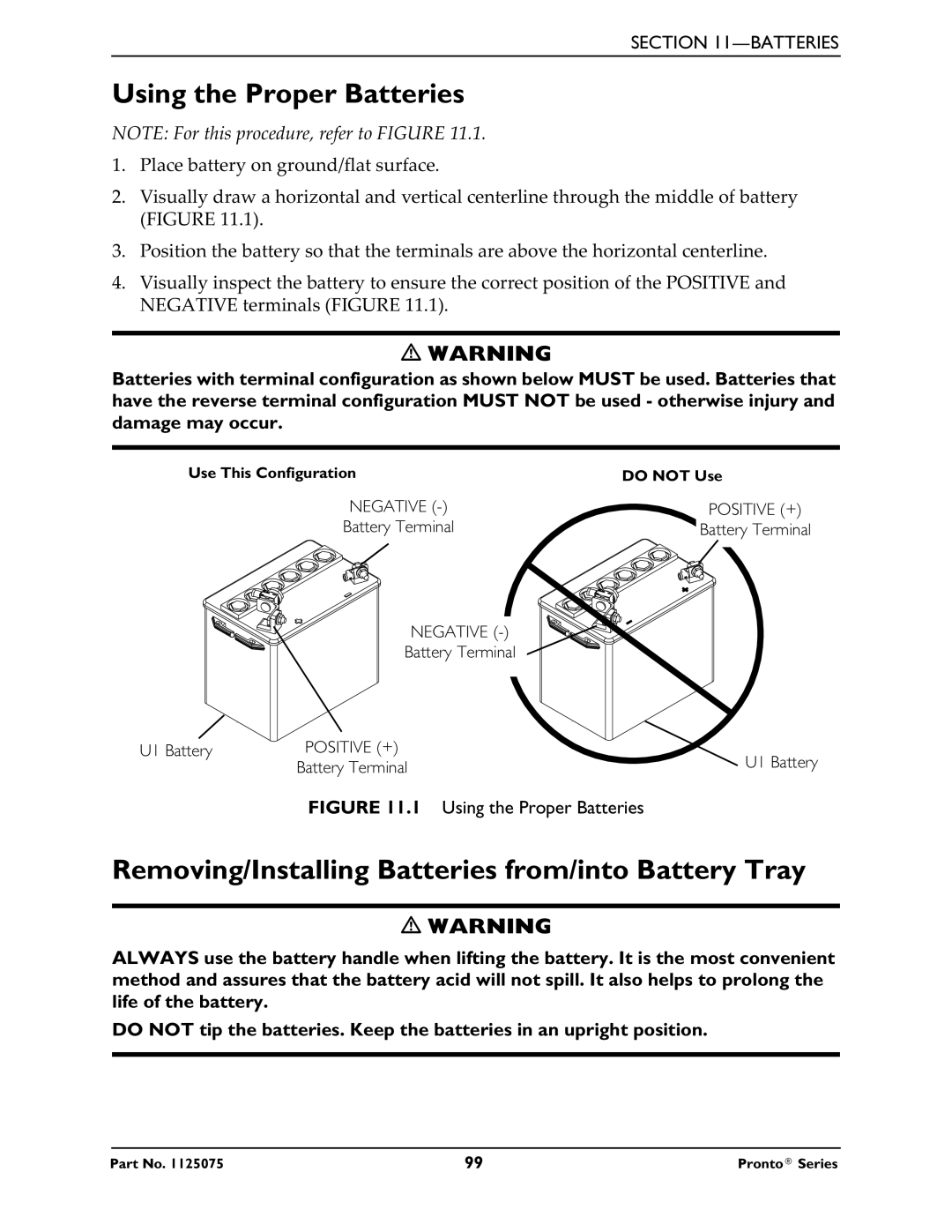 Invacare M50, M51, M61 service manual Using the Proper Batteries, Removing/Installing Batteries from/into Battery Tray 