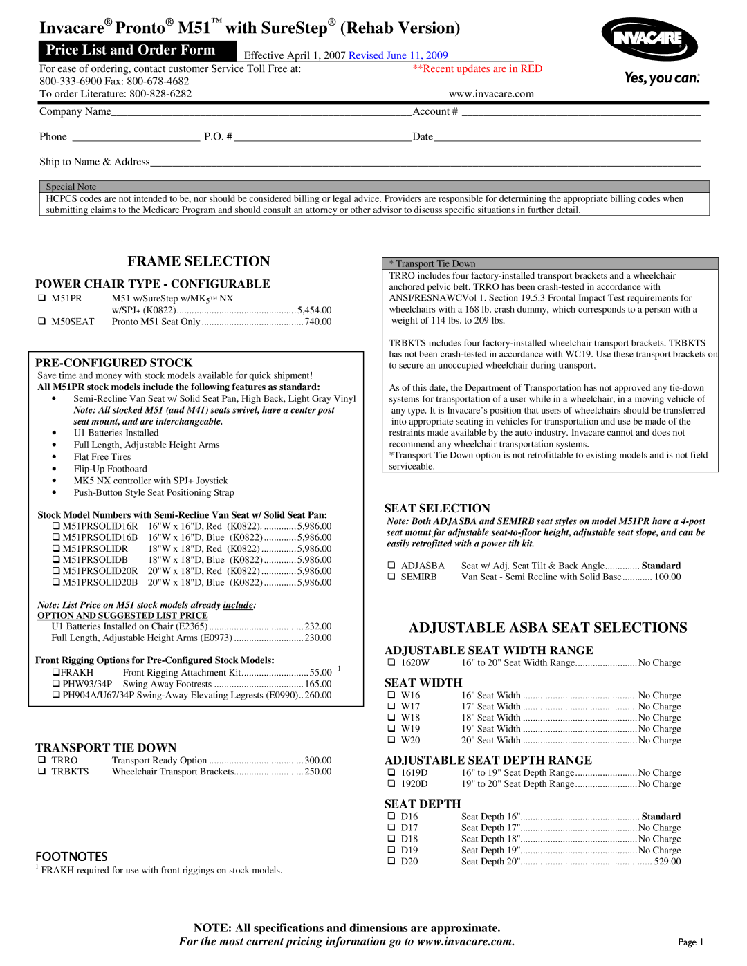 Invacare M51PR specifications Frame Selection, Adjustable Asba Seat Selections 