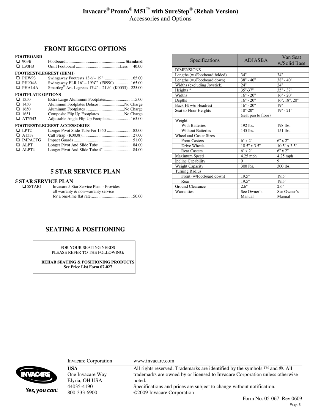 Invacare M51PR specifications Front Rigging Options, Star Service Plan, Seating & Positioning, Usa 