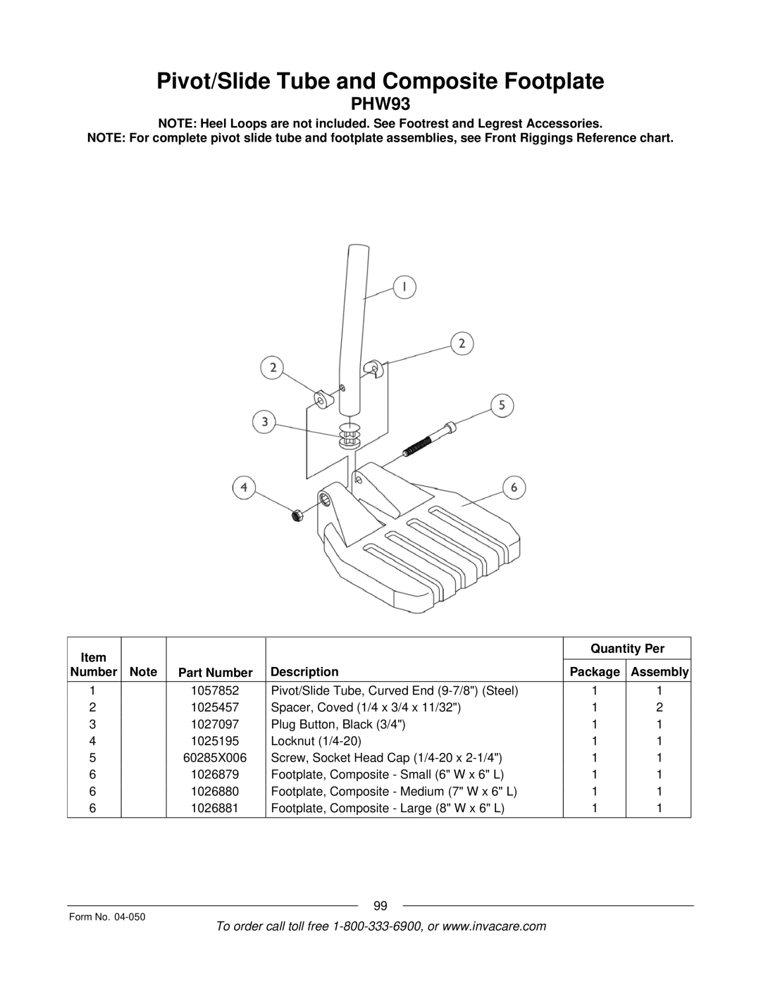 Invacare M51TM, M50TM manual Pivot/Slide Tube and Composite Footplate 