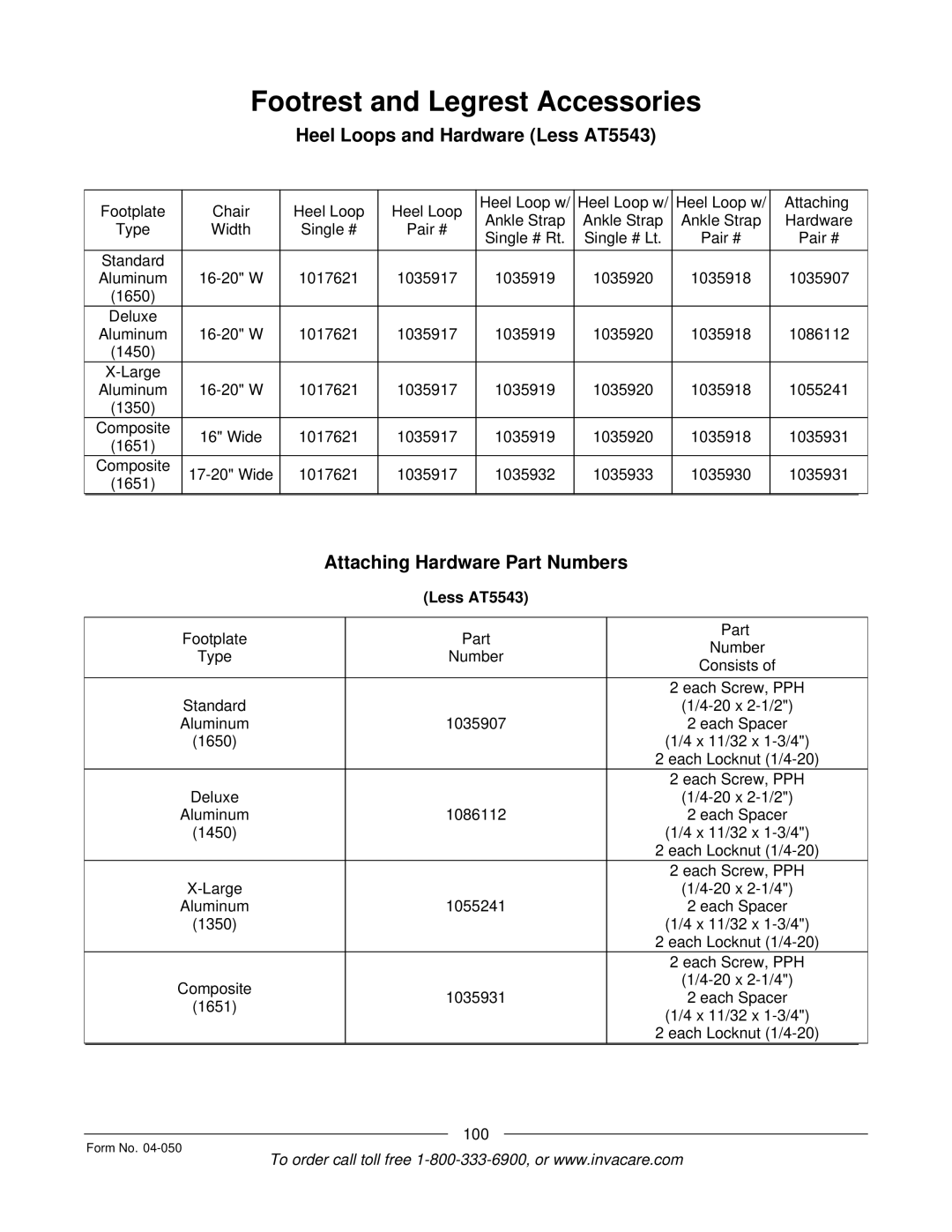 Invacare M50TM Footrest and Legrest Accessories, Heel Loops and Hardware Less AT5543, Attaching Hardware Part Numbers 
