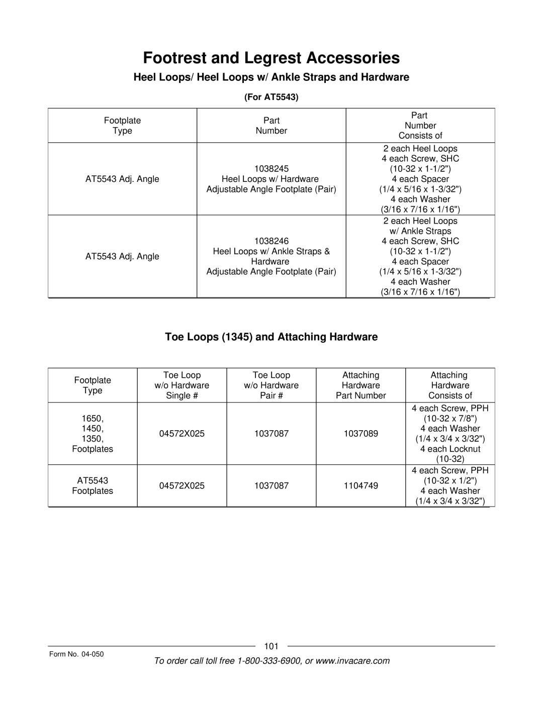 Invacare M51TM, M50TM manual Heel Loops/ Heel Loops w/ Ankle Straps and Hardware, Toe Loops 1345 and Attaching Hardware 