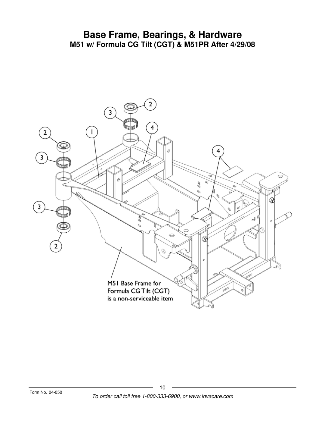 Invacare M50TM, M51TM manual Base Frame, Bearings, & Hardware, M51 w/ Formula CG Tilt CGT & M51PR After 4/29/08 