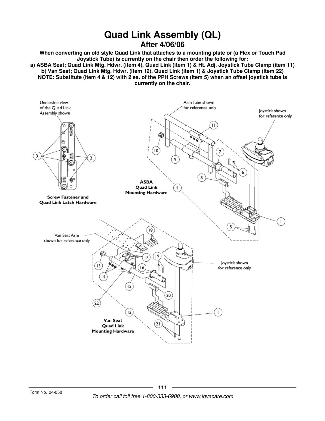 Invacare M51TM, M50TM manual Quad Link Assembly QL, After 4/06/06 