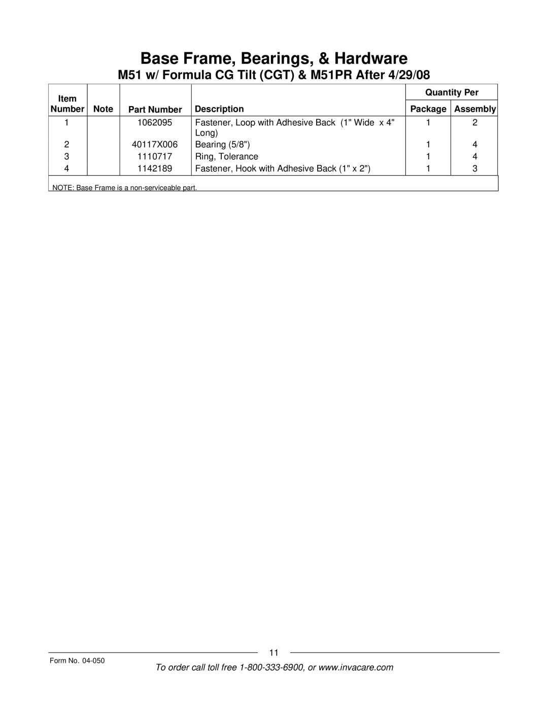 Invacare M51TM, M50TM manual Quantity Per Number Part Number Description Package Assembly 