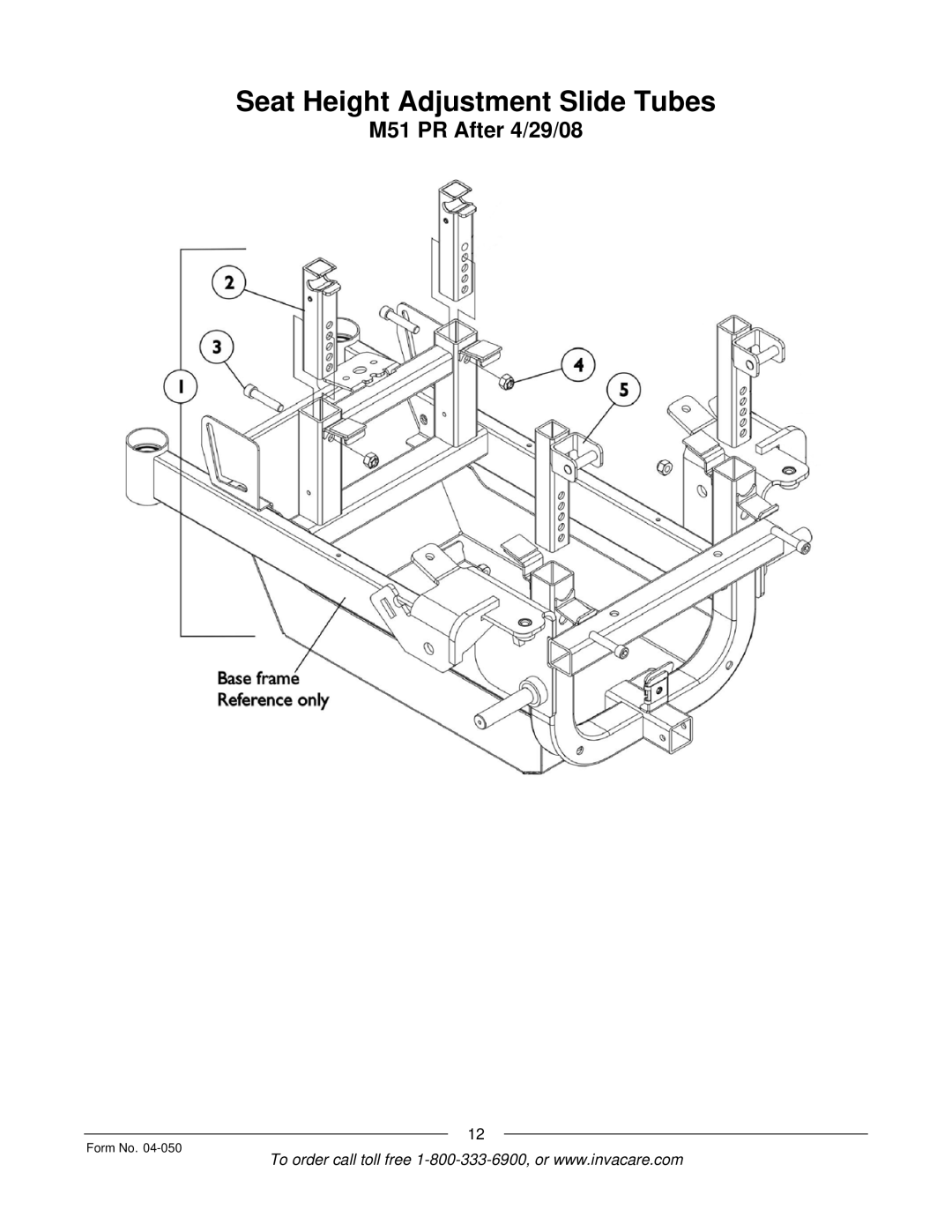 Invacare M50TM, M51TM manual Seat Height Adjustment Slide Tubes, M51 PR After 4/29/08 