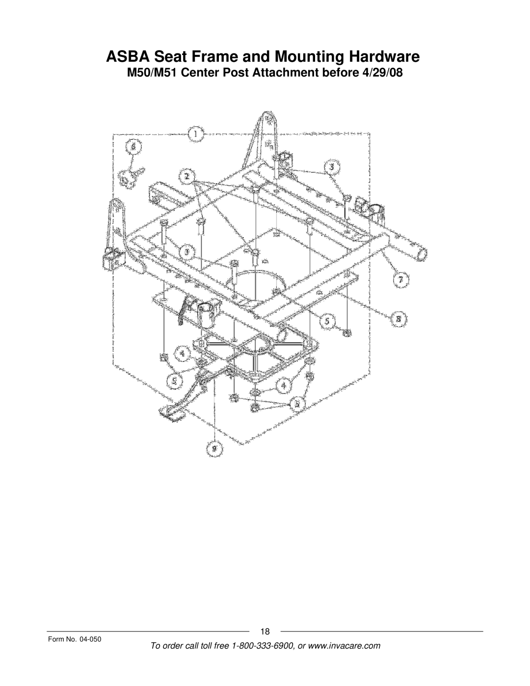 Invacare M50TM, M51TM manual Asba Seat Frame and Mounting Hardware, M50/M51 Center Post Attachment before 4/29/08 