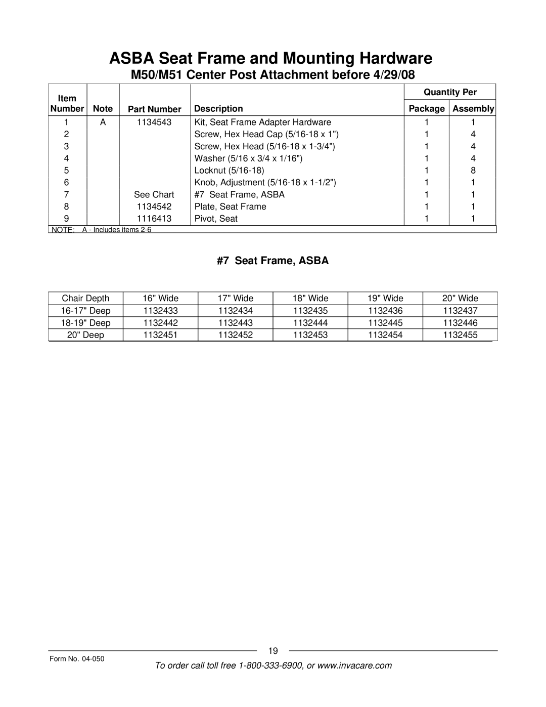 Invacare M51TM, M50TM manual #7 Seat Frame, Asba 