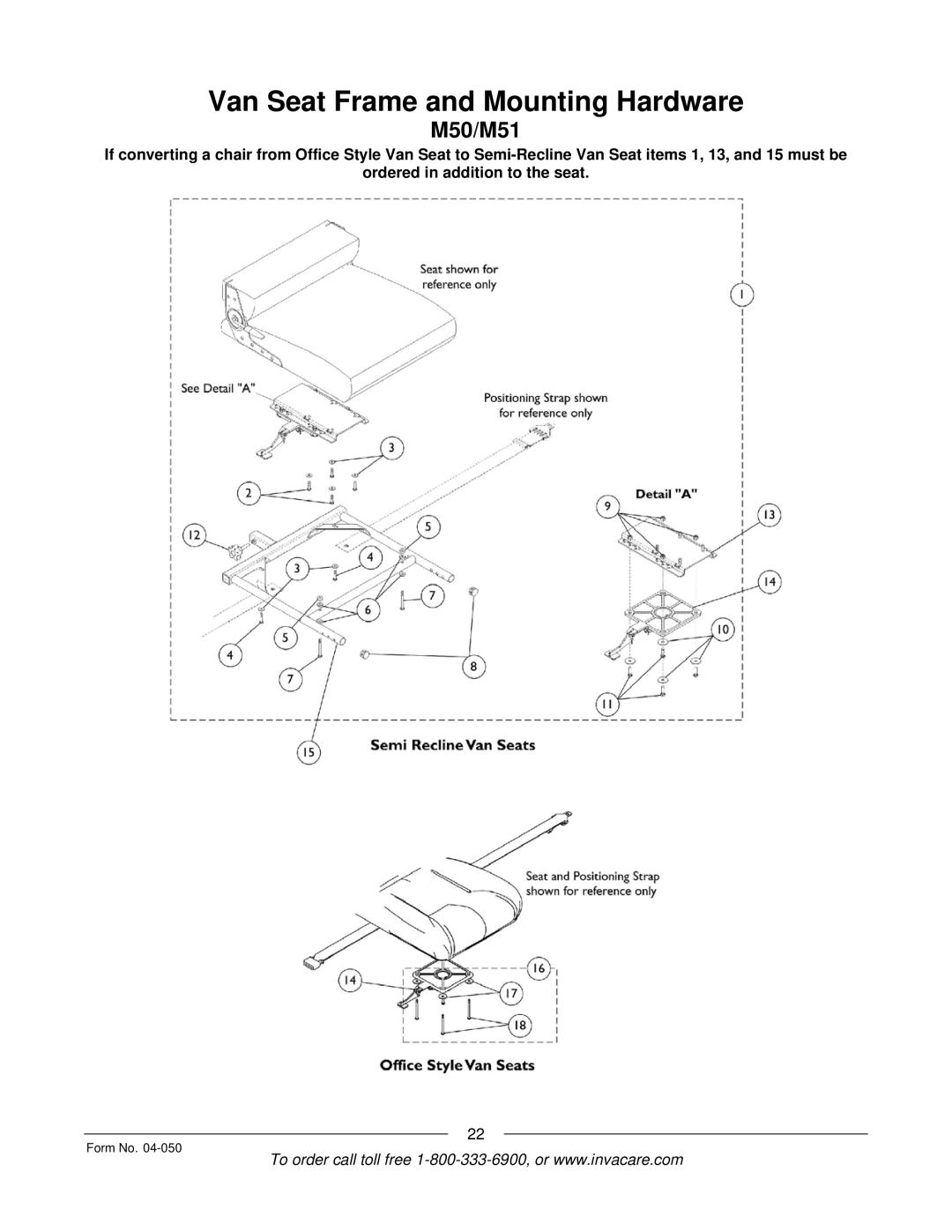 Invacare M50TM, M51TM manual Van Seat Frame and Mounting Hardware, M50/M51 