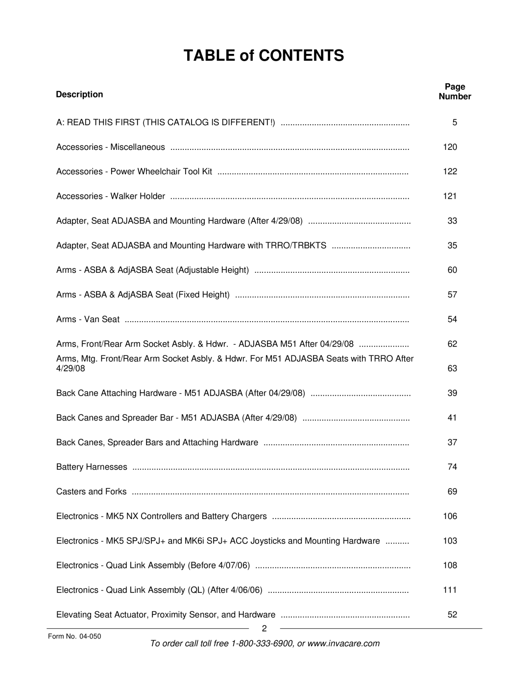 Invacare M50TM, M51TM manual Table of Contents 