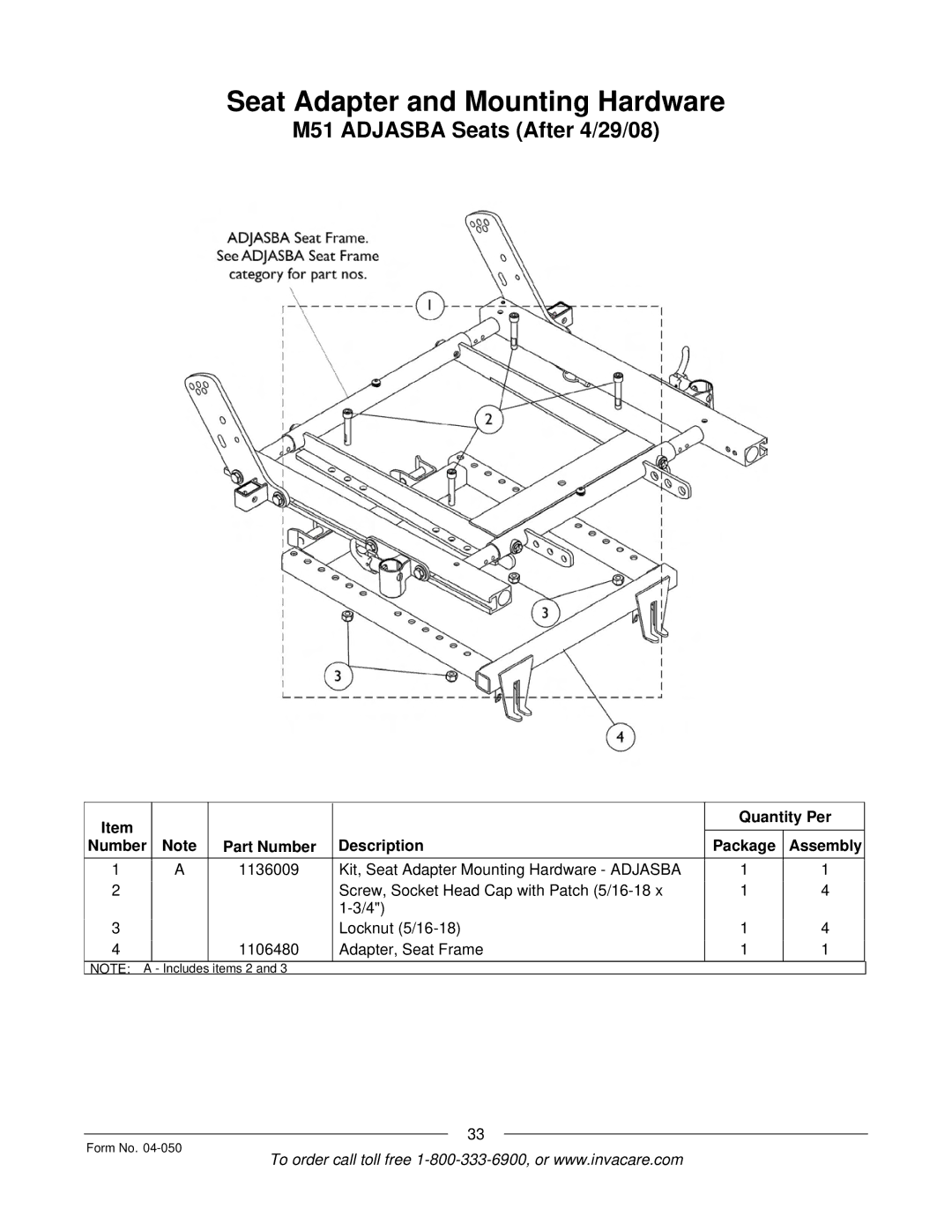 Invacare M51TM, M50TM manual Seat Adapter and Mounting Hardware, M51 Adjasba Seats After 4/29/08 