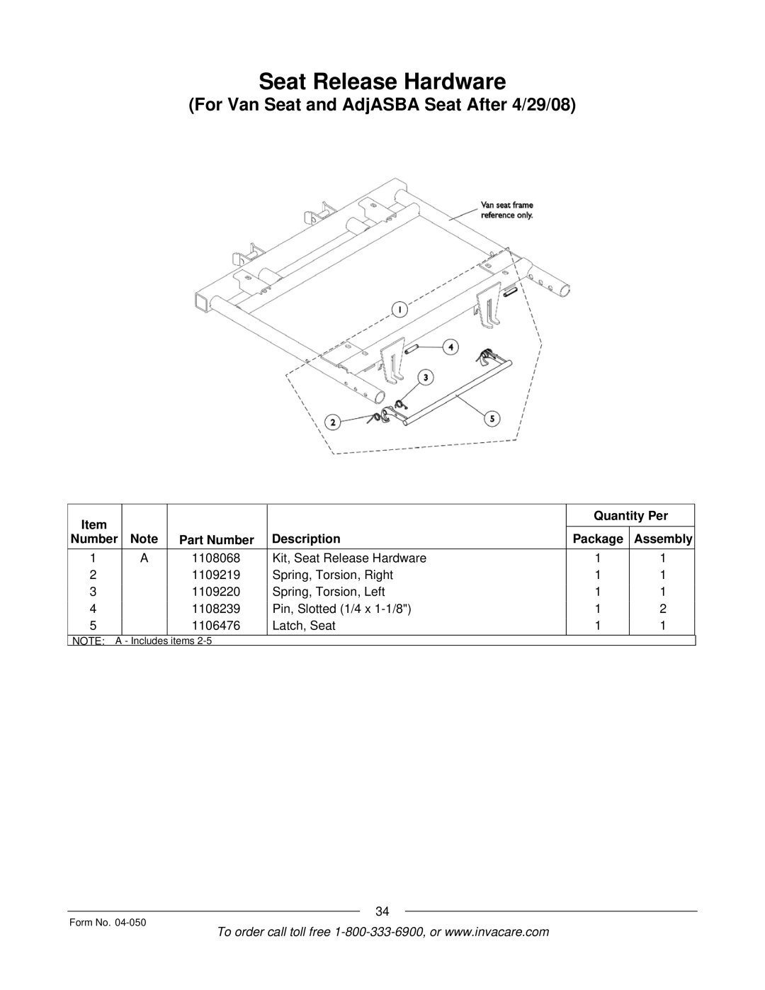 Invacare M50TM, M51TM manual Seat Release Hardware, For Van Seat and AdjASBA Seat After 4/29/08 