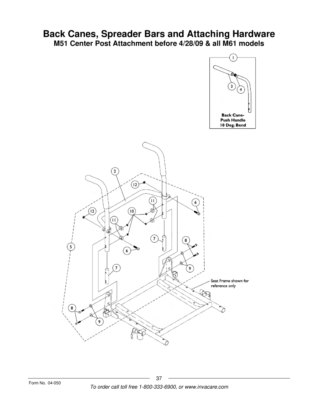 Invacare M51TM, M50TM manual Back Canes, Spreader Bars and Attaching Hardware 