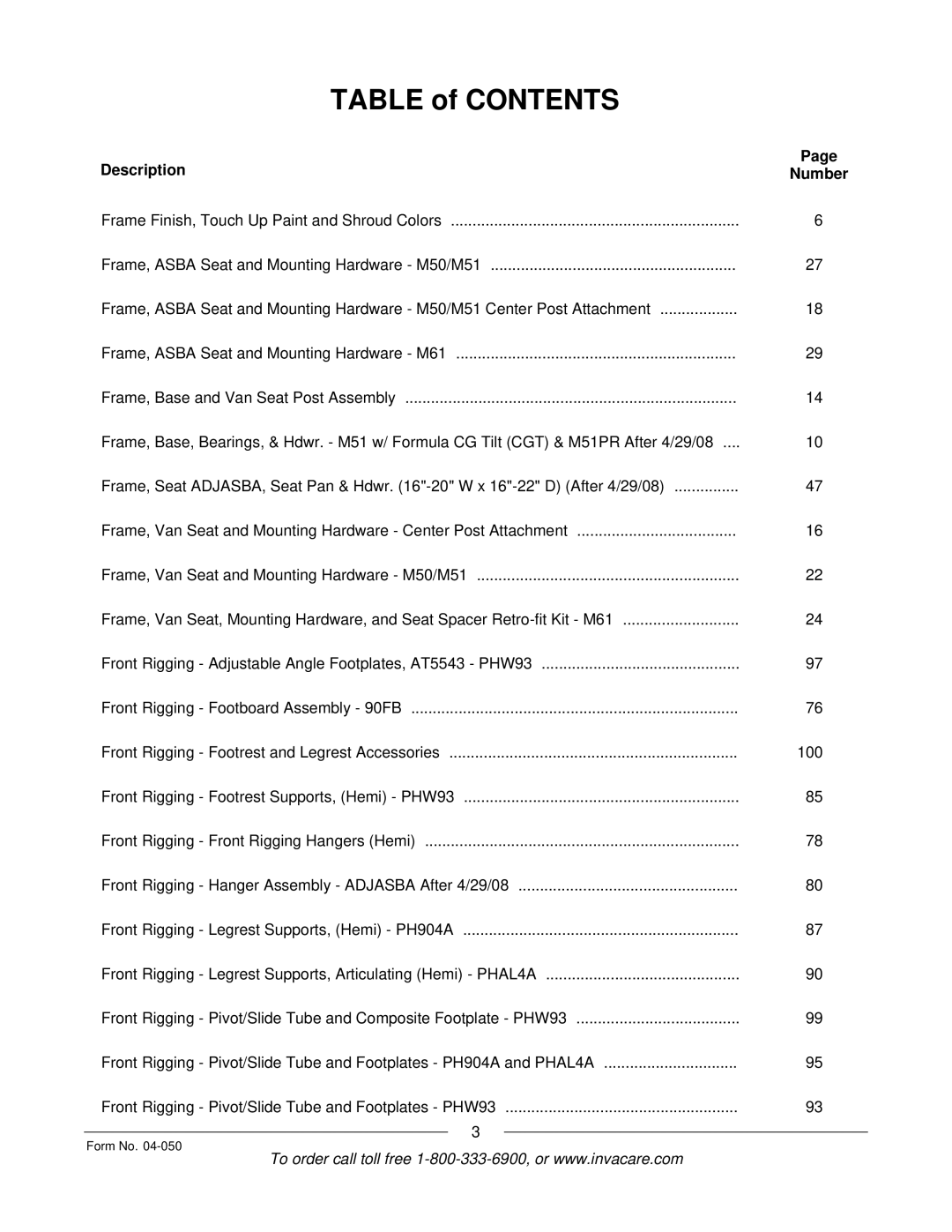 Invacare M51TM, M50TM manual Table of Contents 