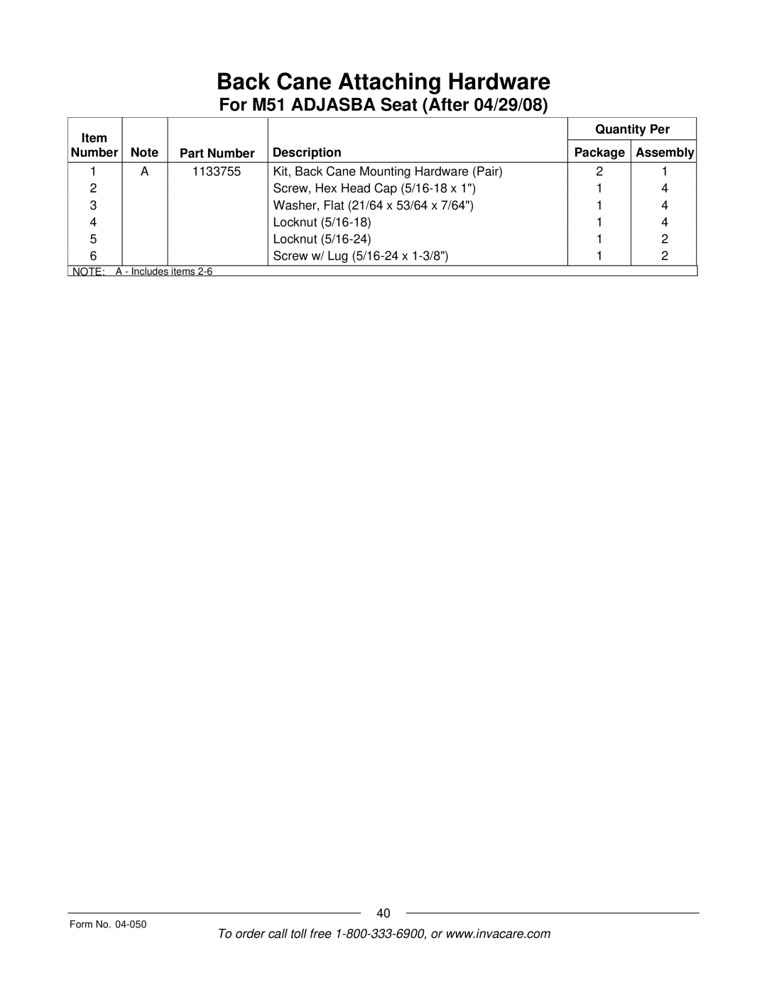 Invacare M50TM, M51TM manual Items Form No 