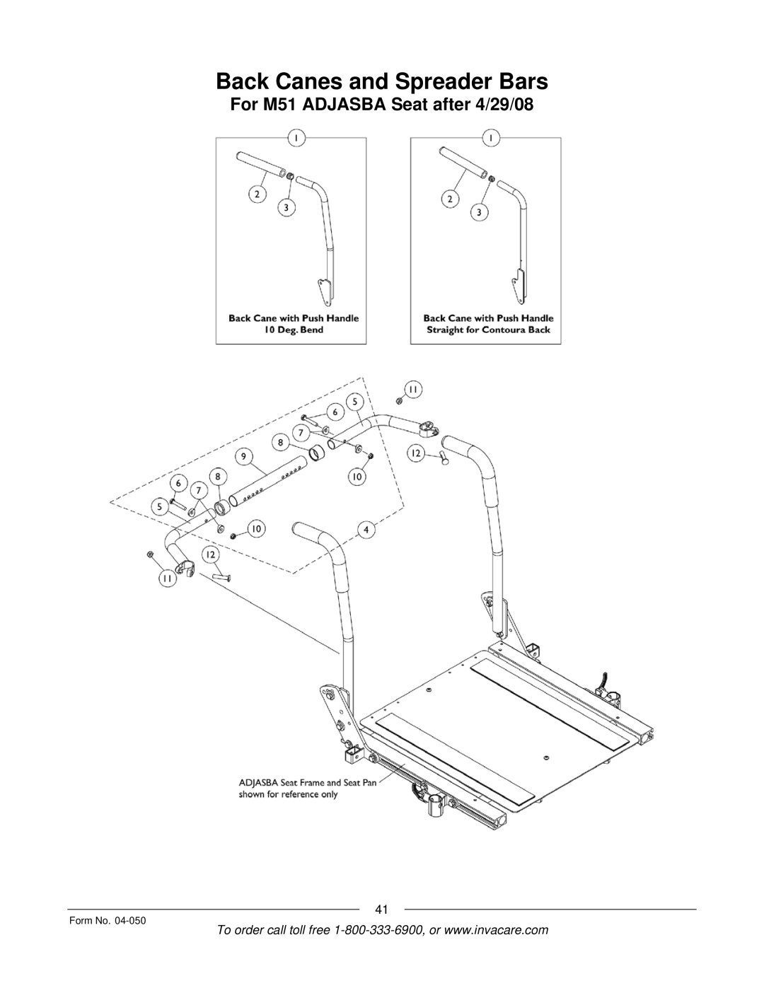 Invacare M51TM, M50TM manual Back Canes and Spreader Bars, For M51 Adjasba Seat after 4/29/08 