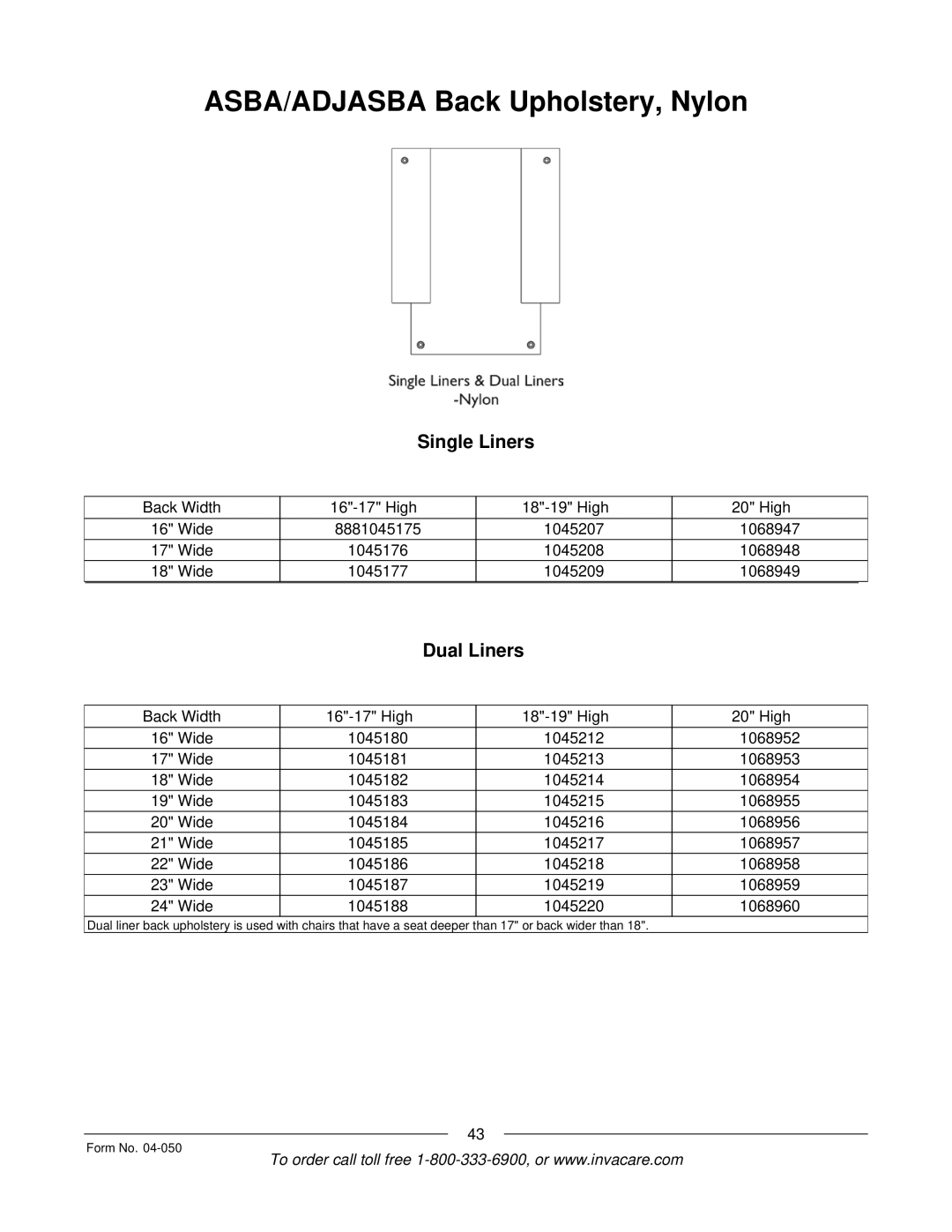 Invacare M51TM, M50TM manual ASBA/ADJASBA Back Upholstery, Nylon, Single Liners, Dual Liners 