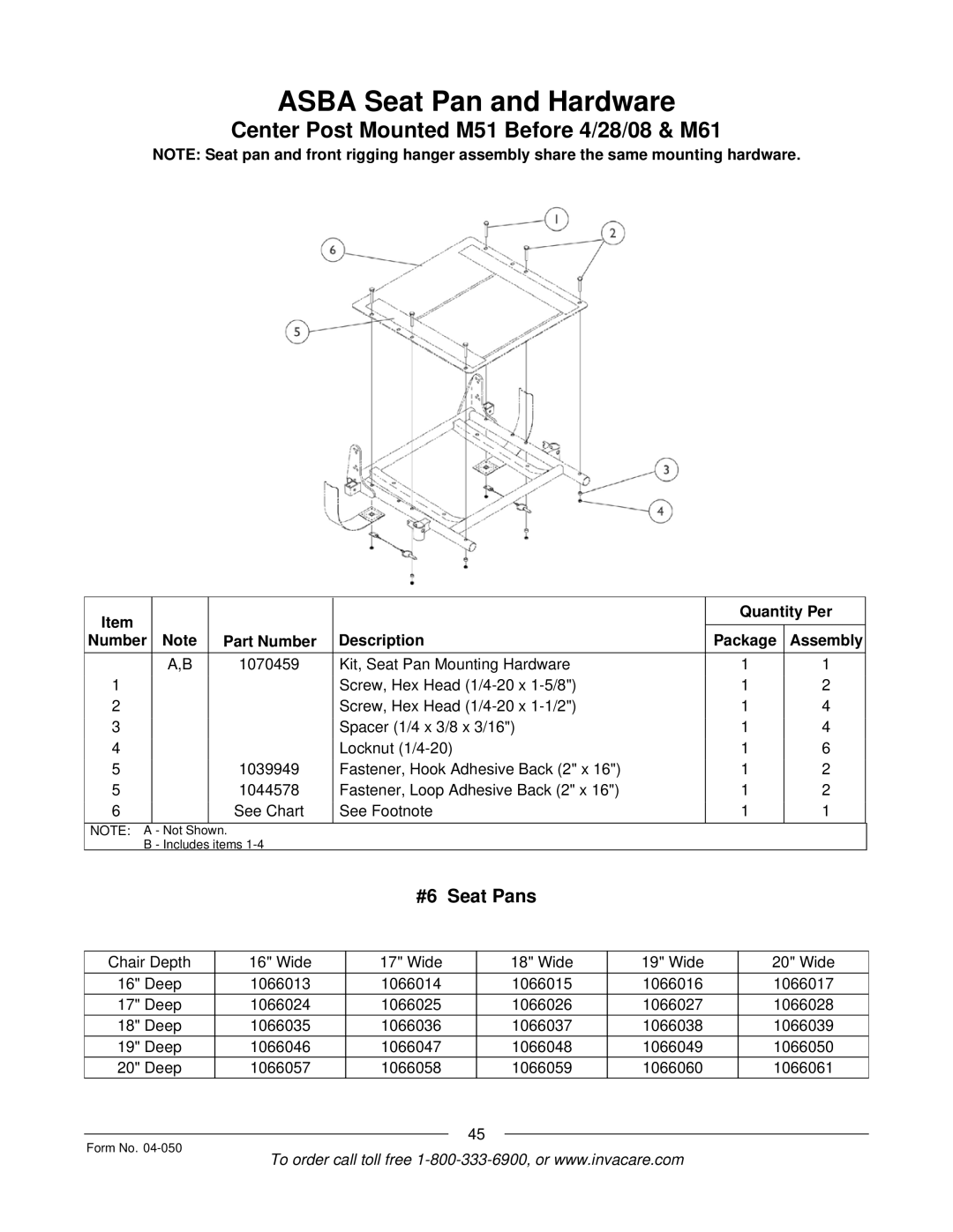 Invacare M51TM, M50TM manual Asba Seat Pan and Hardware, Center Post Mounted M51 Before 4/28/08 & M61, #6 Seat Pans 