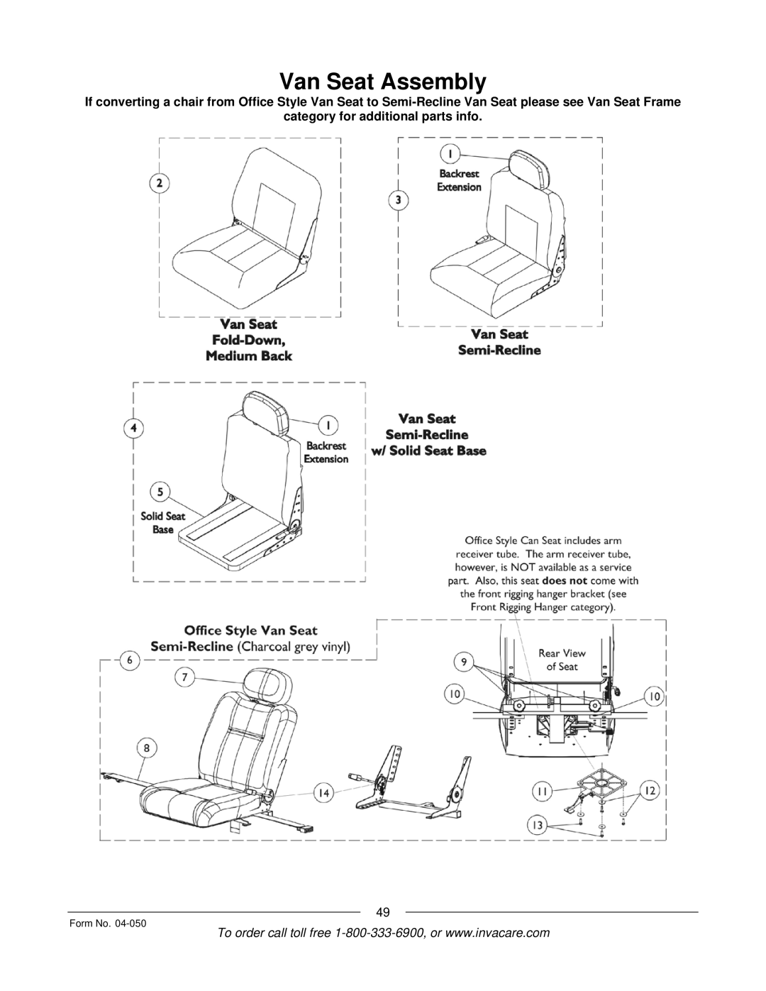 Invacare M51TM, M50TM manual Van Seat Assembly 