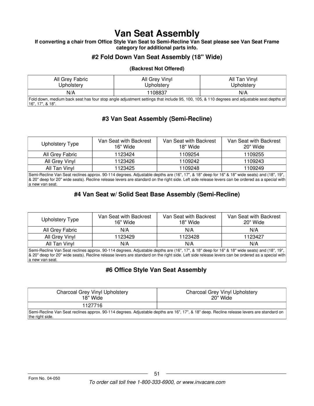 Invacare M51TM, M50TM manual #2 Fold Down Van Seat Assembly 18 Wide, #3 Van Seat Assembly Semi-Recline 