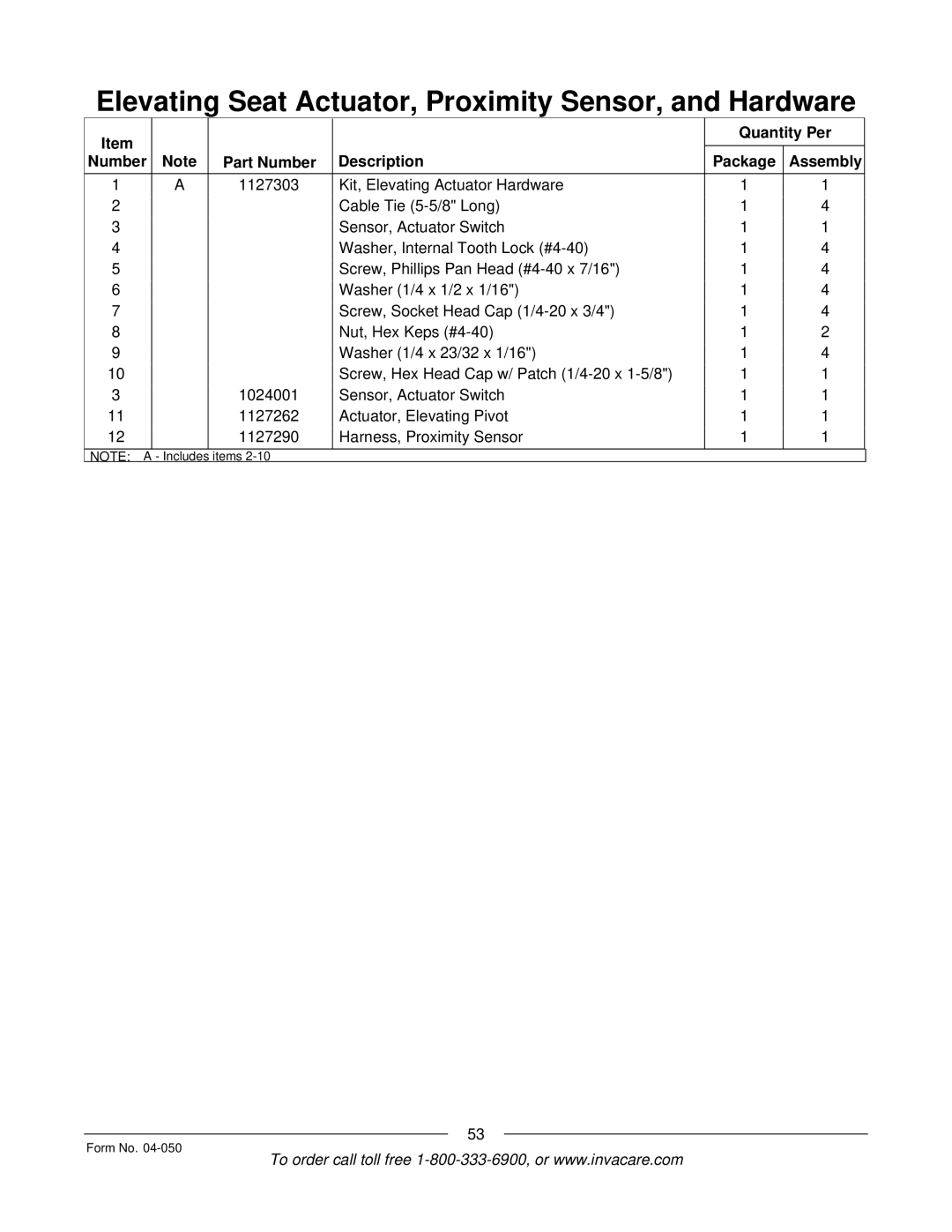 Invacare M51TM, M50TM manual Quantity Per Number Part Number Description Package Assembly 