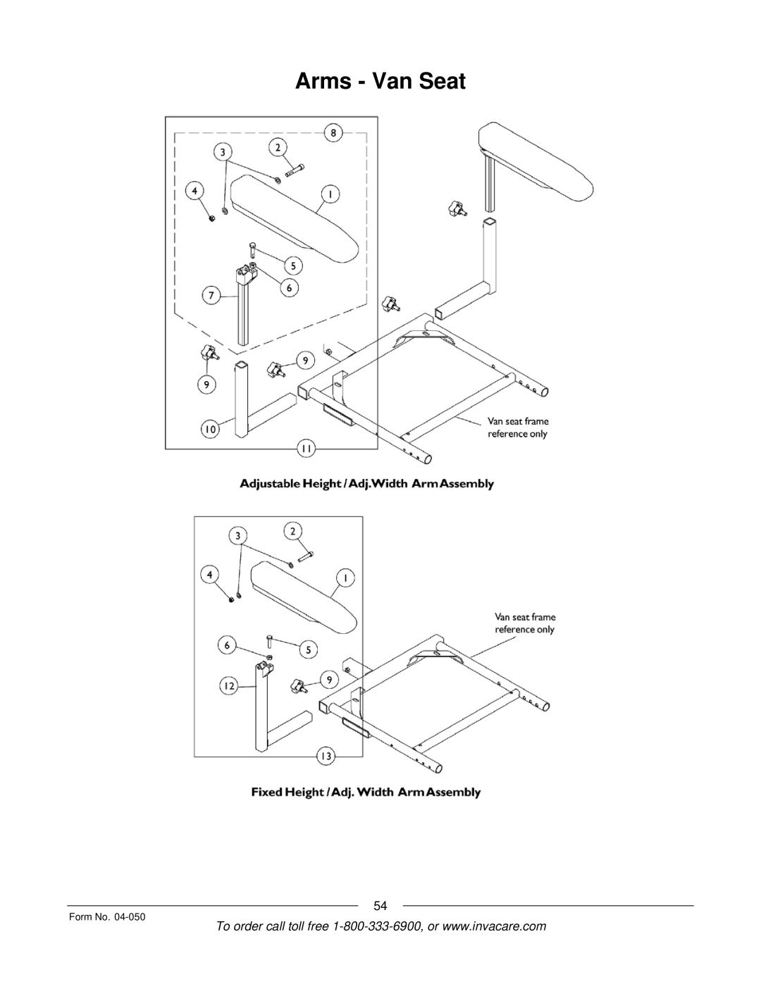 Invacare M50TM, M51TM manual Arms Van Seat 