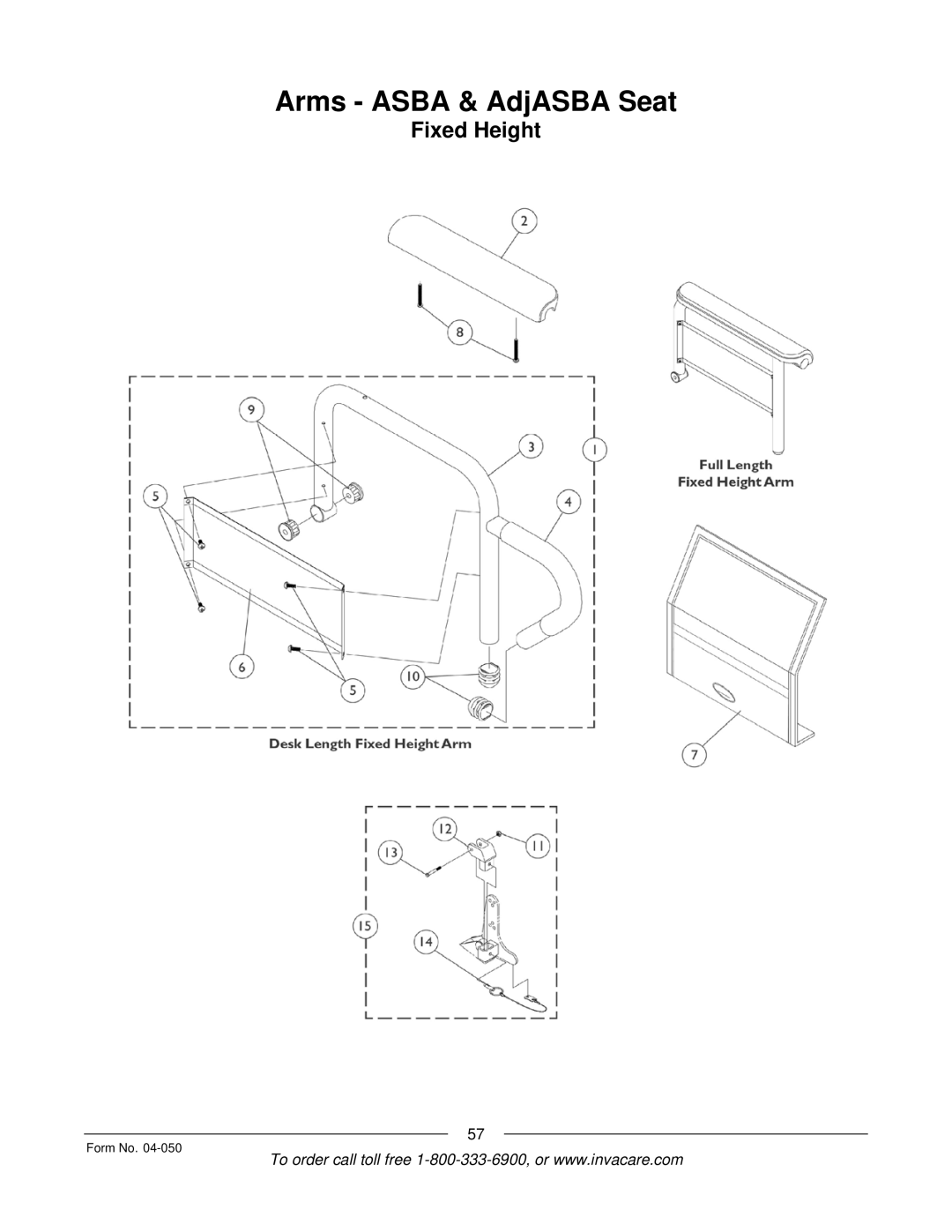 Invacare M51TM, M50TM manual Arms Asba & AdjASBA Seat, Fixed Height 