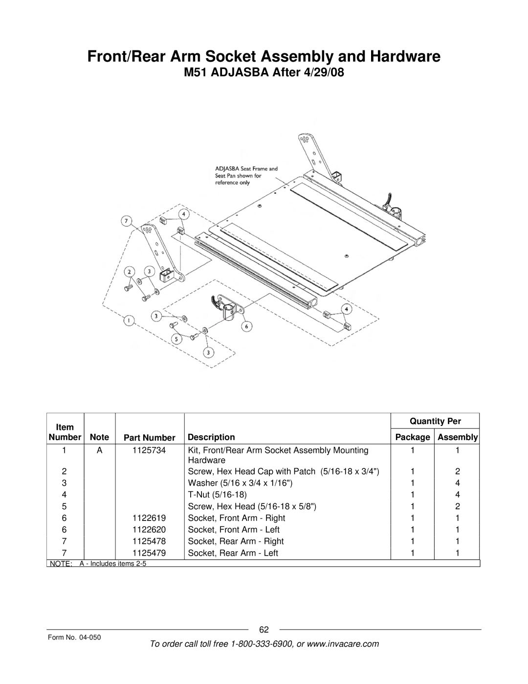 Invacare M50TM, M51TM manual Front/Rear Arm Socket Assembly and Hardware, M51 Adjasba After 4/29/08 