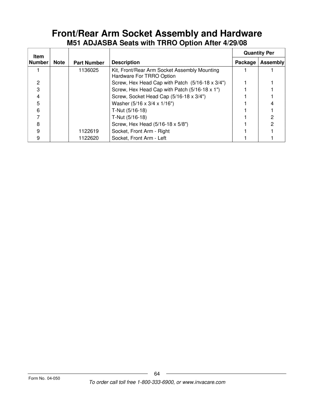 Invacare M50TM, M51TM manual Front/Rear Arm Socket Assembly and Hardware 