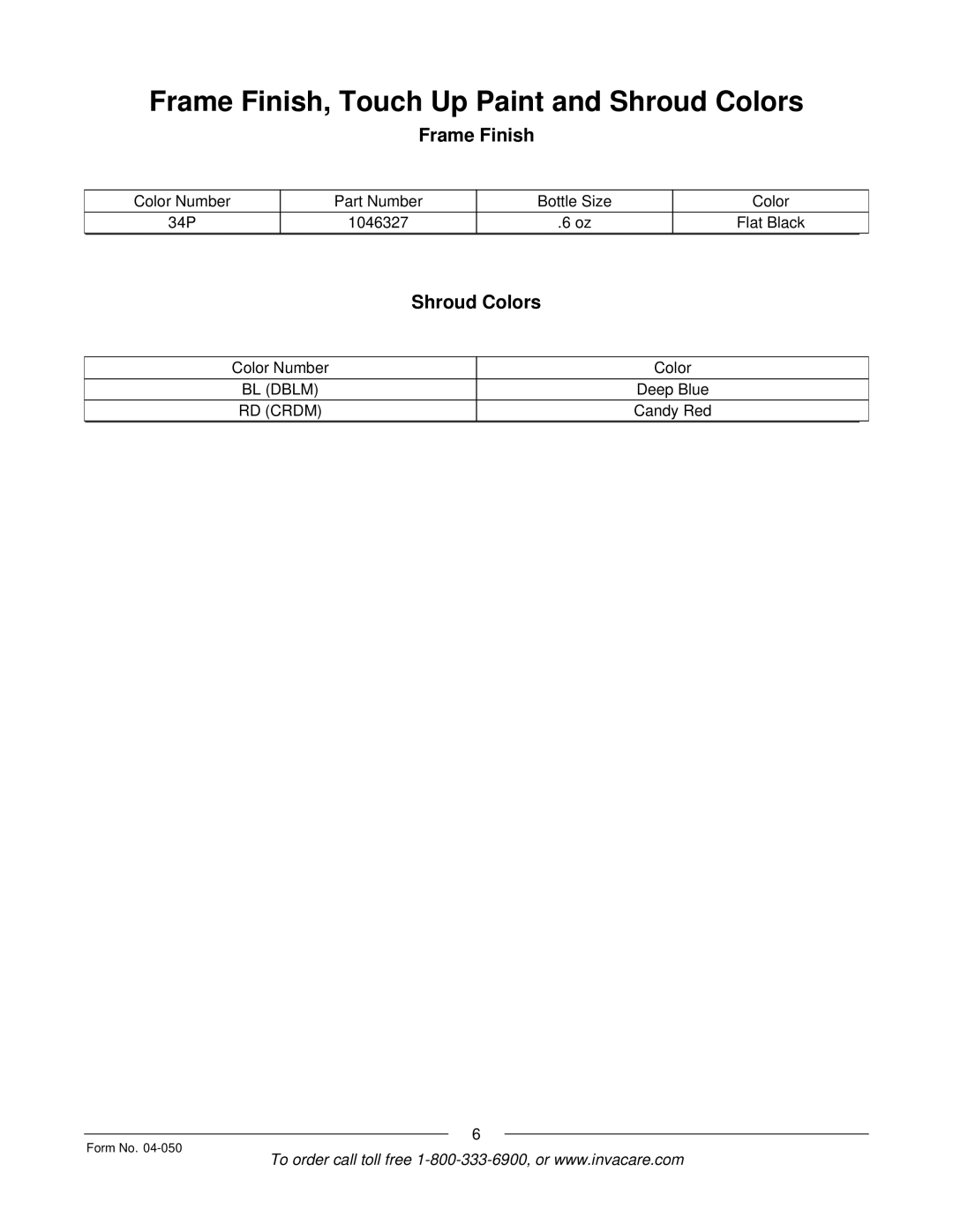 Invacare M50TM, M51TM manual Frame Finish, Touch Up Paint and Shroud Colors 