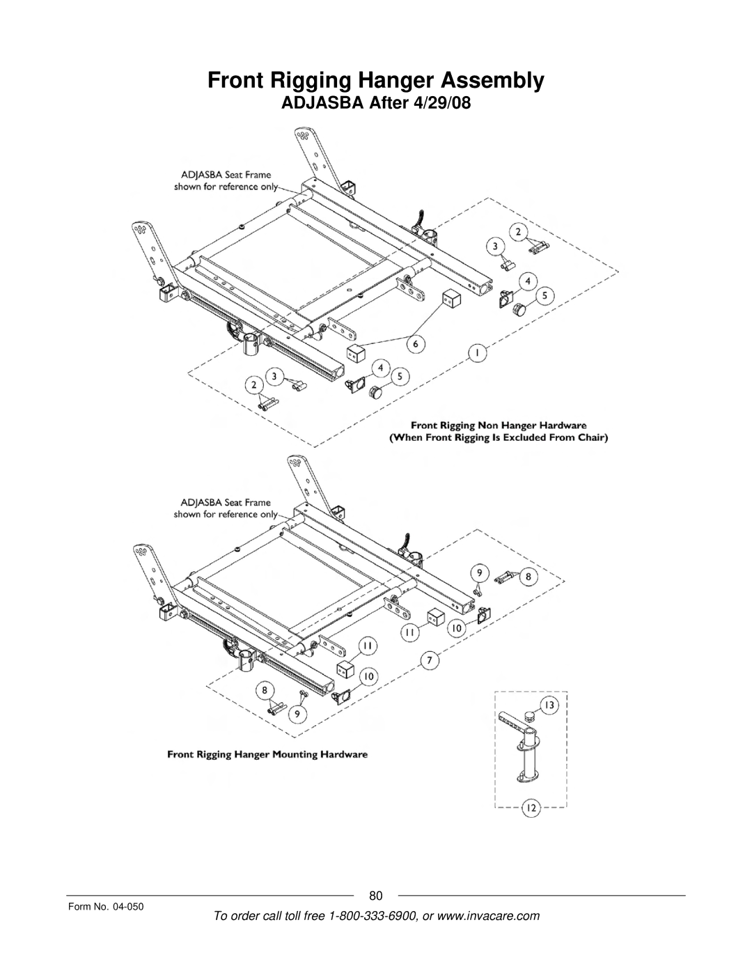 Invacare M50TM, M51TM manual Front Rigging Hanger Assembly, Adjasba After 4/29/08 