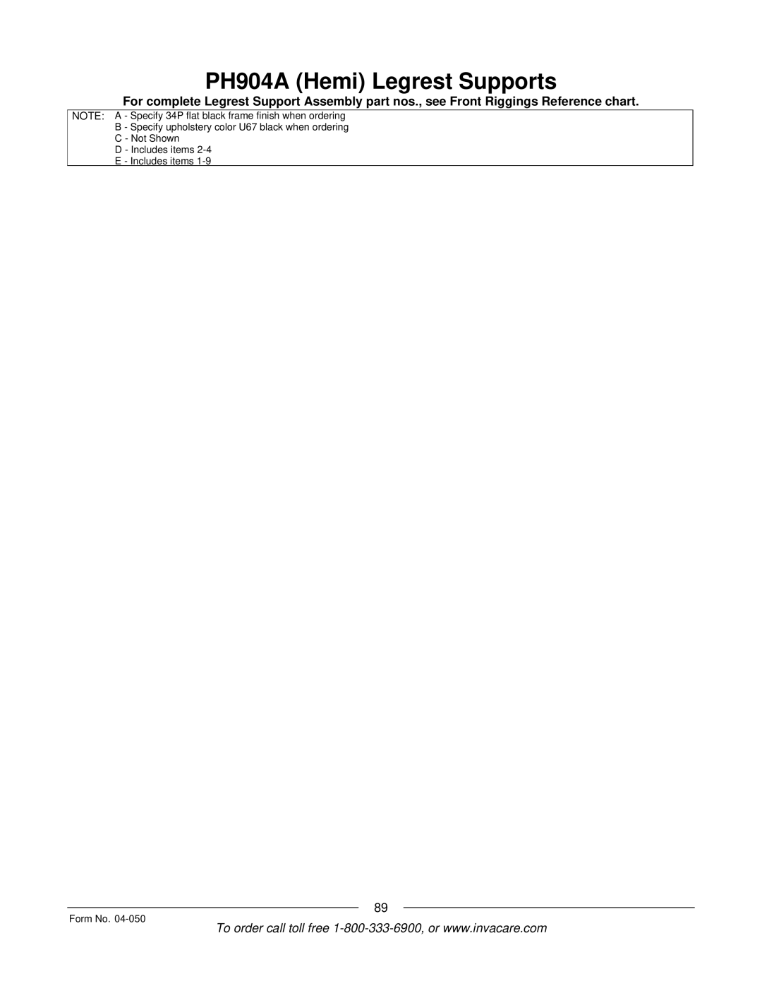 Invacare M51TM, M50TM manual PH904A Hemi Legrest Supports 