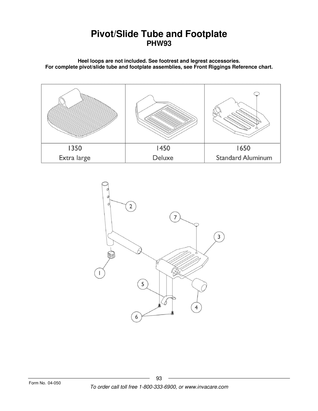 Invacare M51TM, M50TM manual Pivot/Slide Tube and Footplate, PHW93 