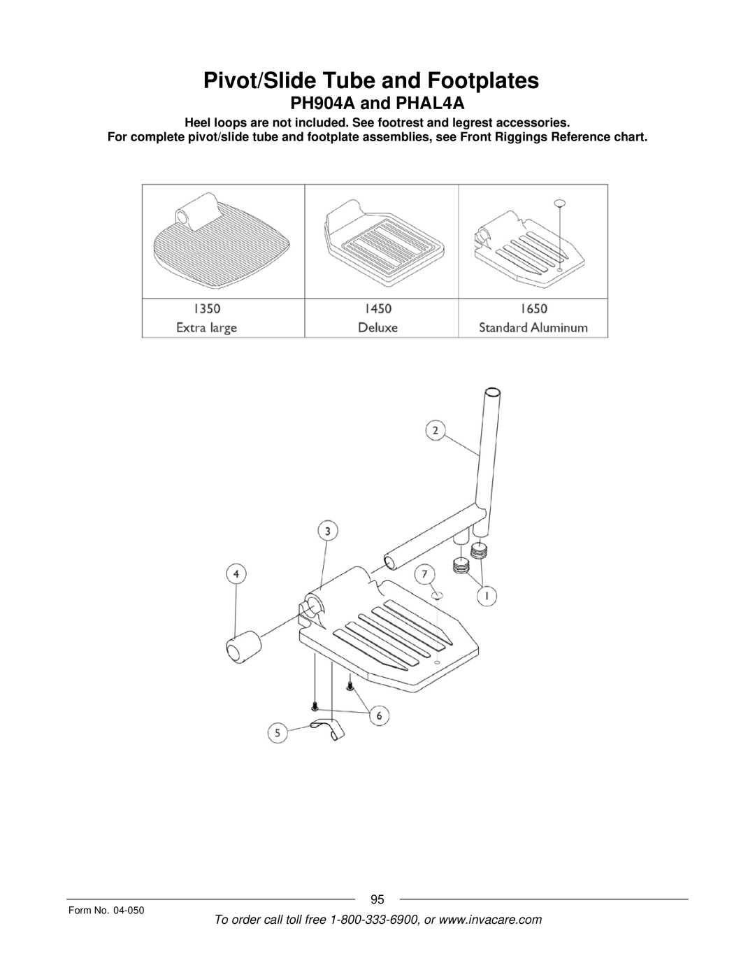 Invacare M51TM, M50TM manual Pivot/Slide Tube and Footplates, PH904A and PHAL4A 