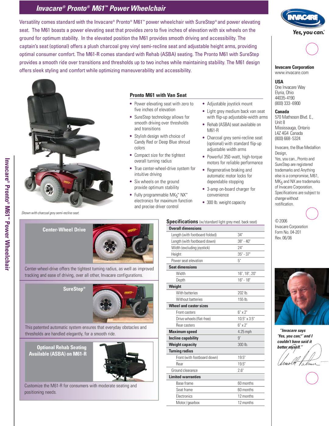 Invacare M61TM manual Center-Wheel Drive, SureStep, Optional Rehab Seating Available Asba on M61-R 