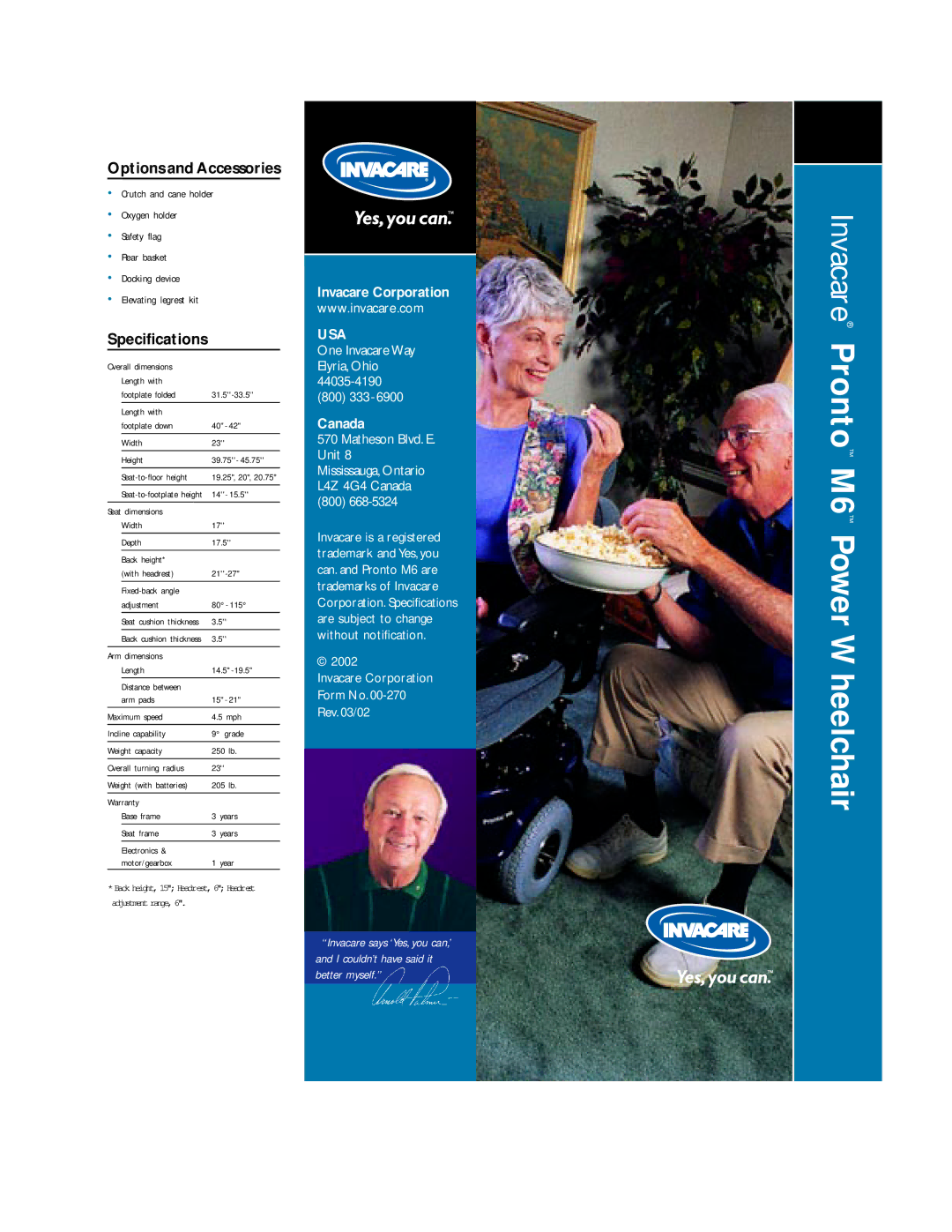 Invacare M6TM specifications Options and Accessories, Specifications 